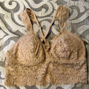 Aerie Far Out Lace Strappy Padded Plunge Bralette Women’s Extra Small Nude Color